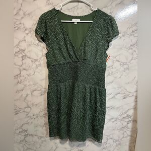 NEW Nordstrom BP Olive Green Print V-Neck Mini Dress Smocked Waist Cap Sleeve L